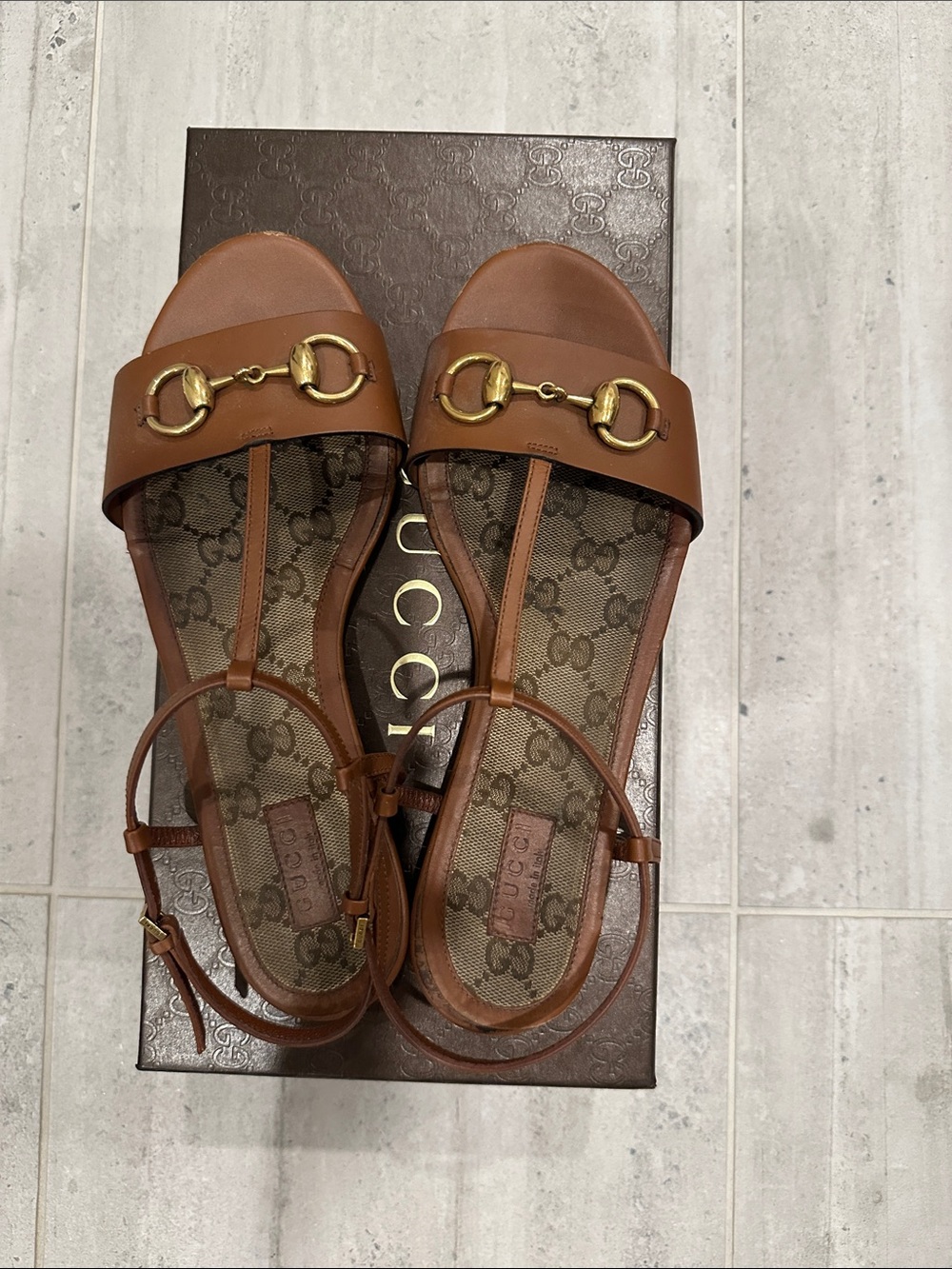 Gucci Brown Leather Horsebit T-Strap Sandals with GG Insole